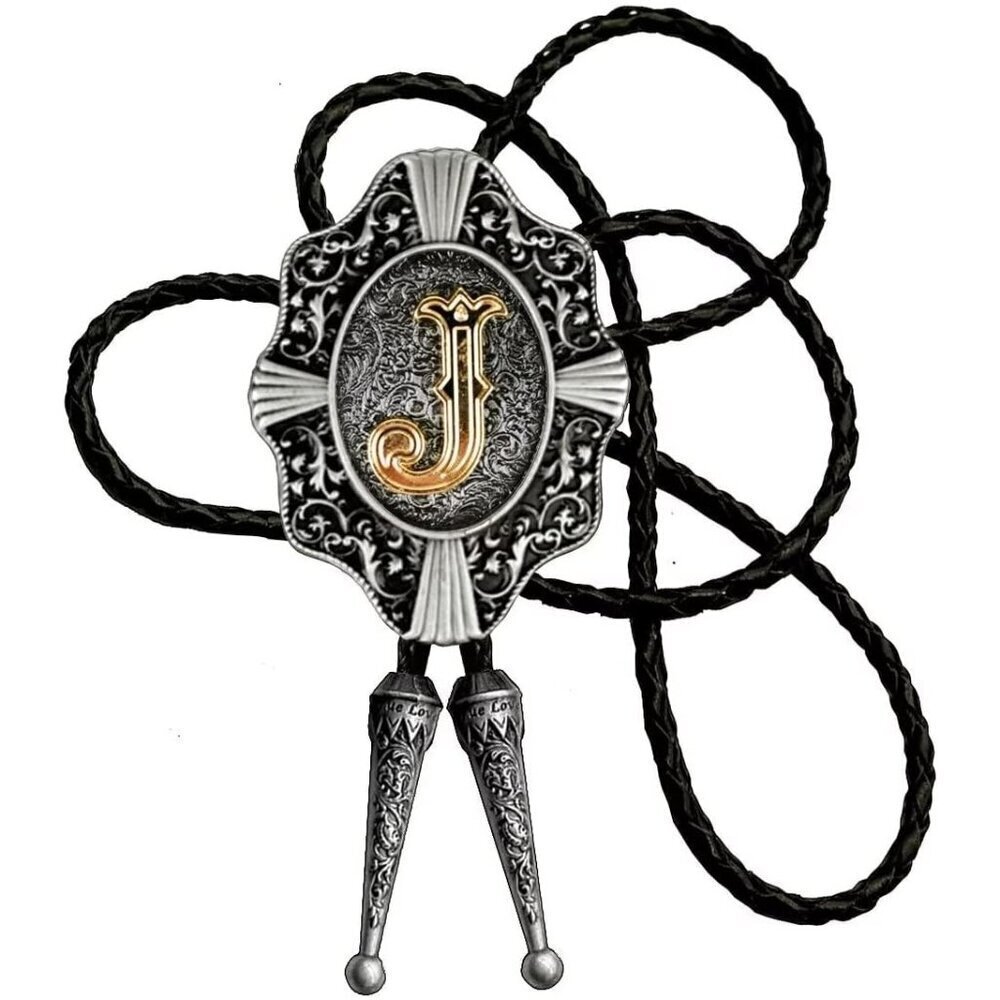Golden Initial J in Flower Nursery Cowboy Bolo Tie with Cowhide Rope